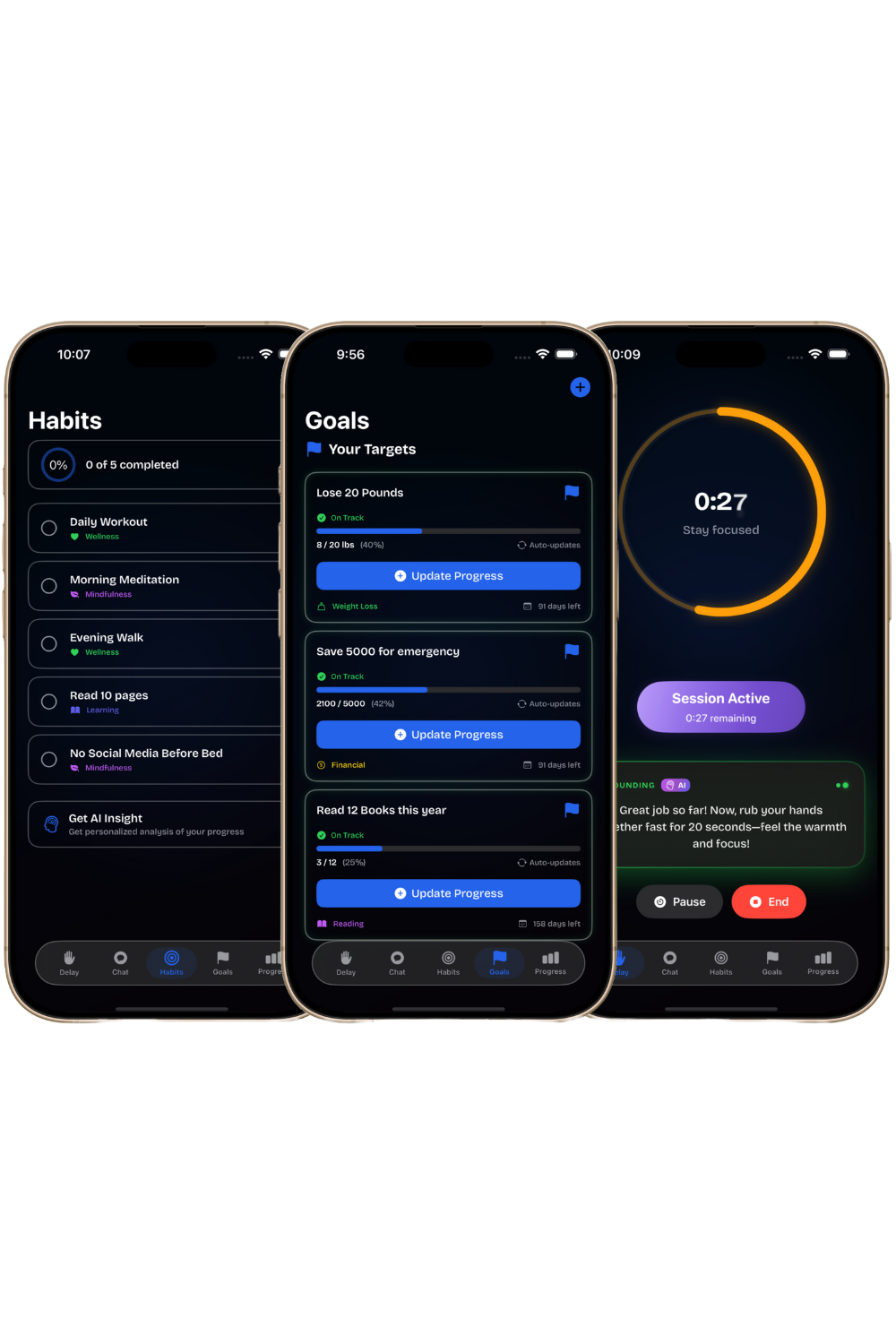 Clyrify app interface showing habit tracking, timer, and goals features